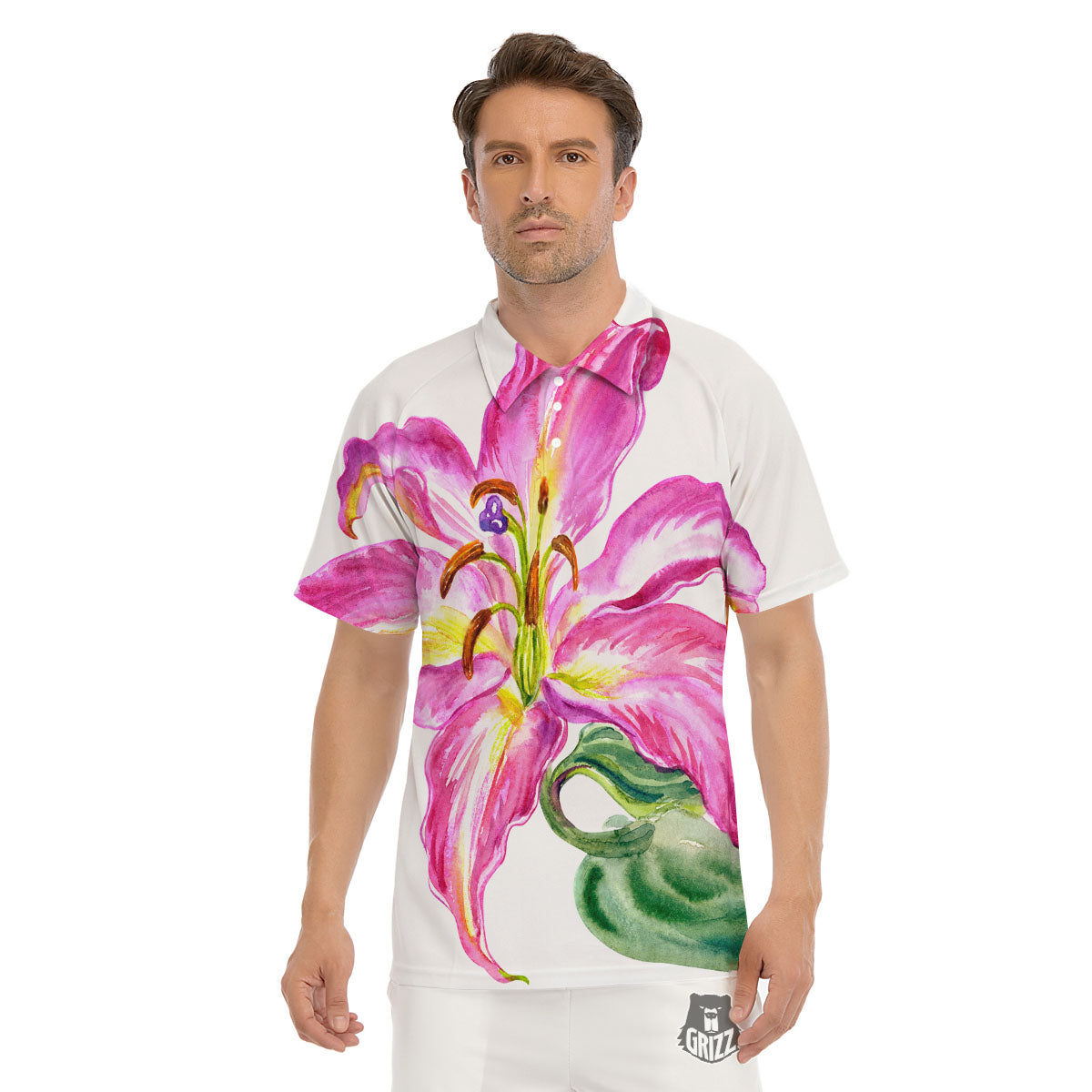 Lily Pink Watercolor Print Men's Golf Shirts-grizzshop