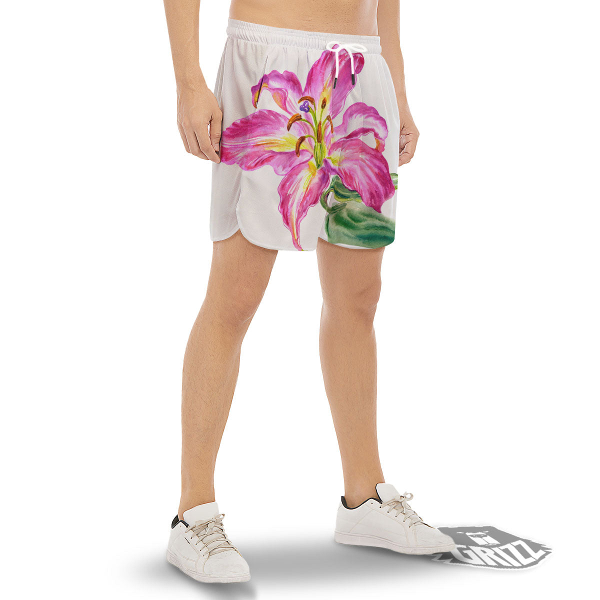 Lily Pink Watercolor Print Men's Gym Shorts-grizzshop