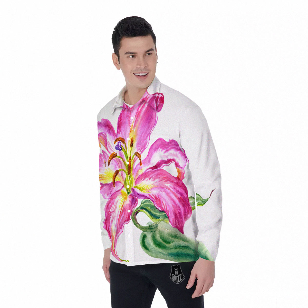 Lily Pink Watercolor Print Men's Long Sleeve Shirts-grizzshop