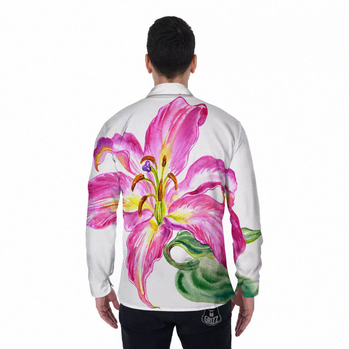 Lily Pink Watercolor Print Men's Long Sleeve Shirts-grizzshop