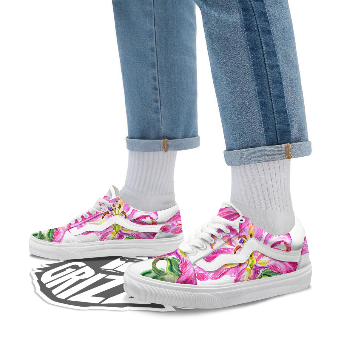 Lily Pink Watercolor Print Skate Shoes-grizzshop