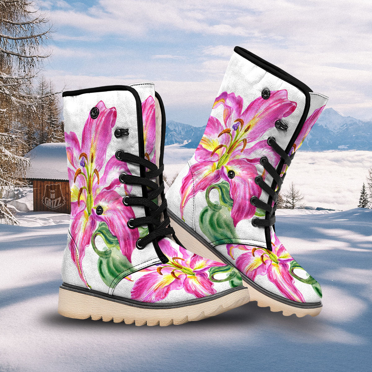 Lily Pink Watercolor Print Snow Boots-grizzshop
