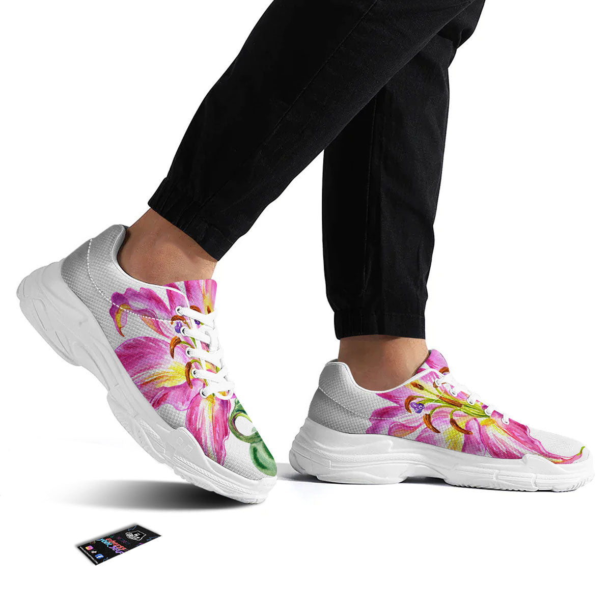 Lily Pink Watercolor Print White Chunky Shoes-grizzshop