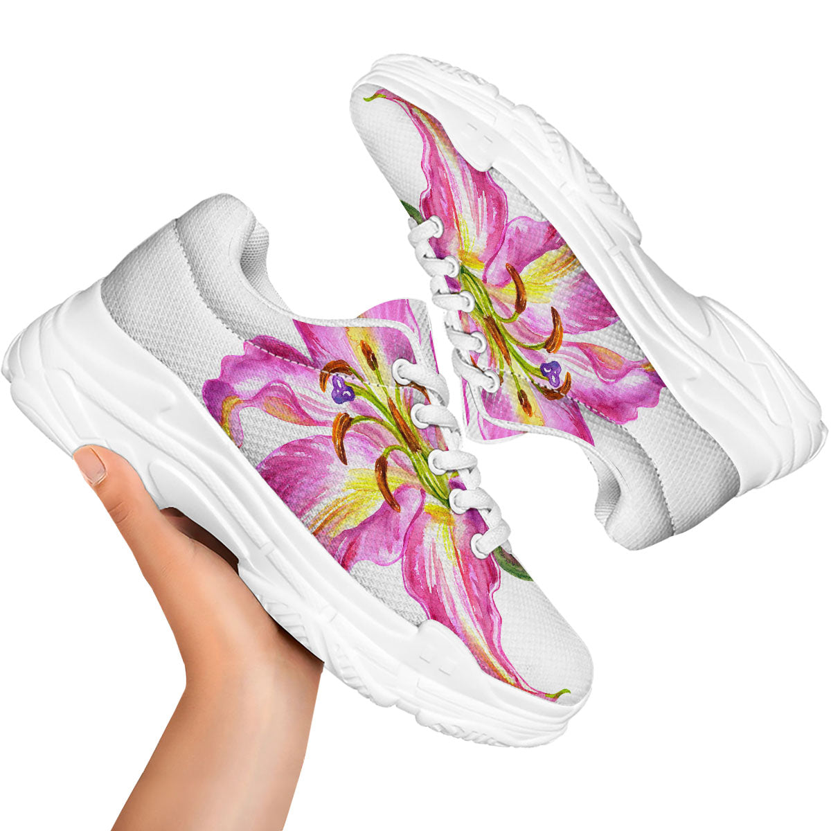 Lily Pink Watercolor Print White Chunky Shoes-grizzshop