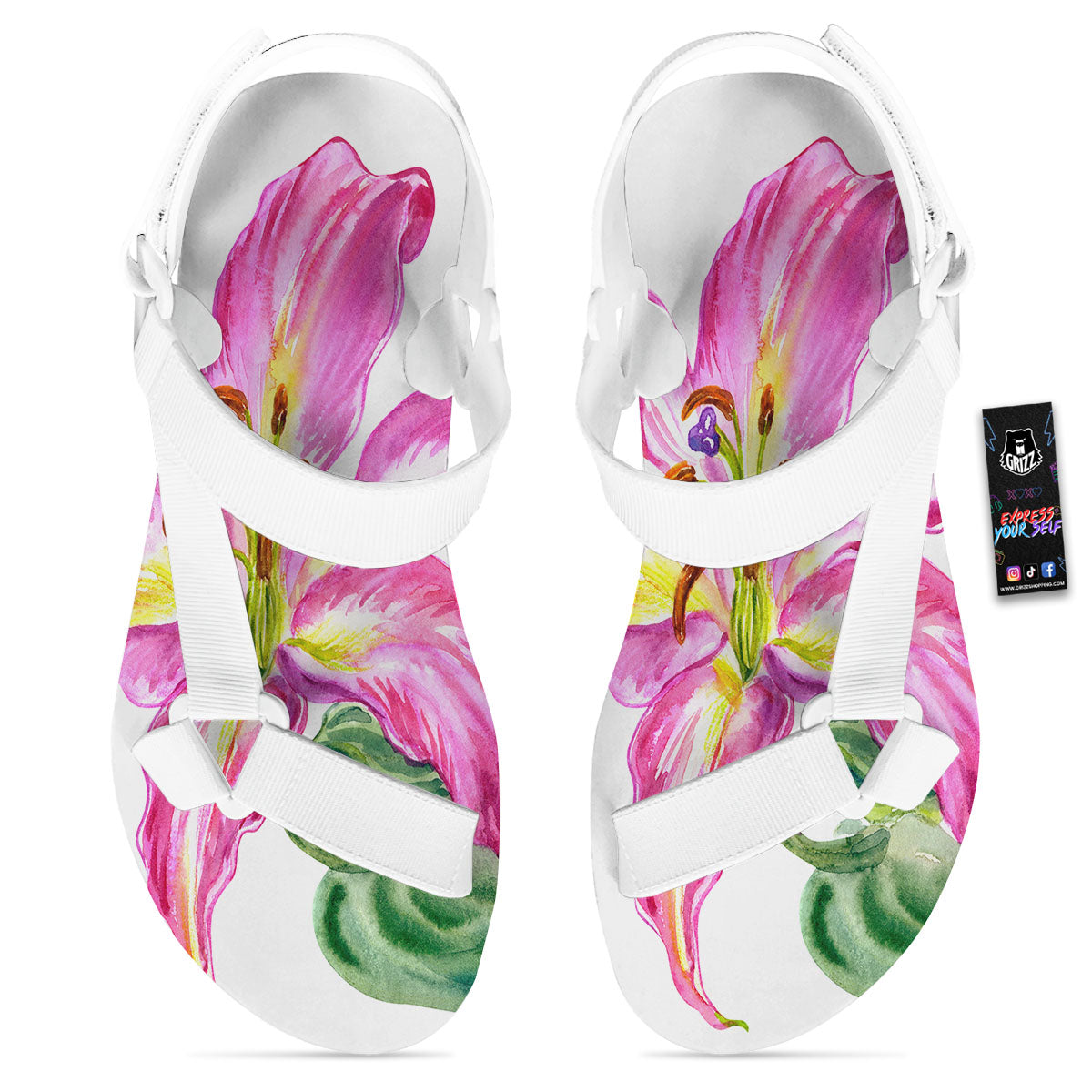 Lily Pink Watercolor Print White Open Toe Sandals-grizzshop