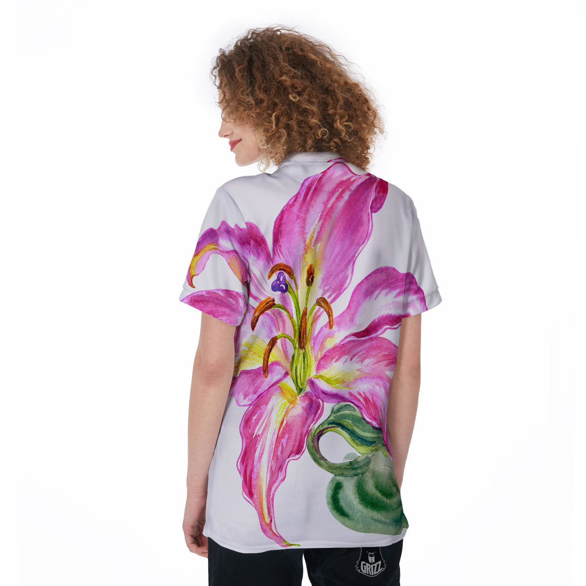 Lily Pink Watercolor Print Women's Golf Shirts-grizzshop
