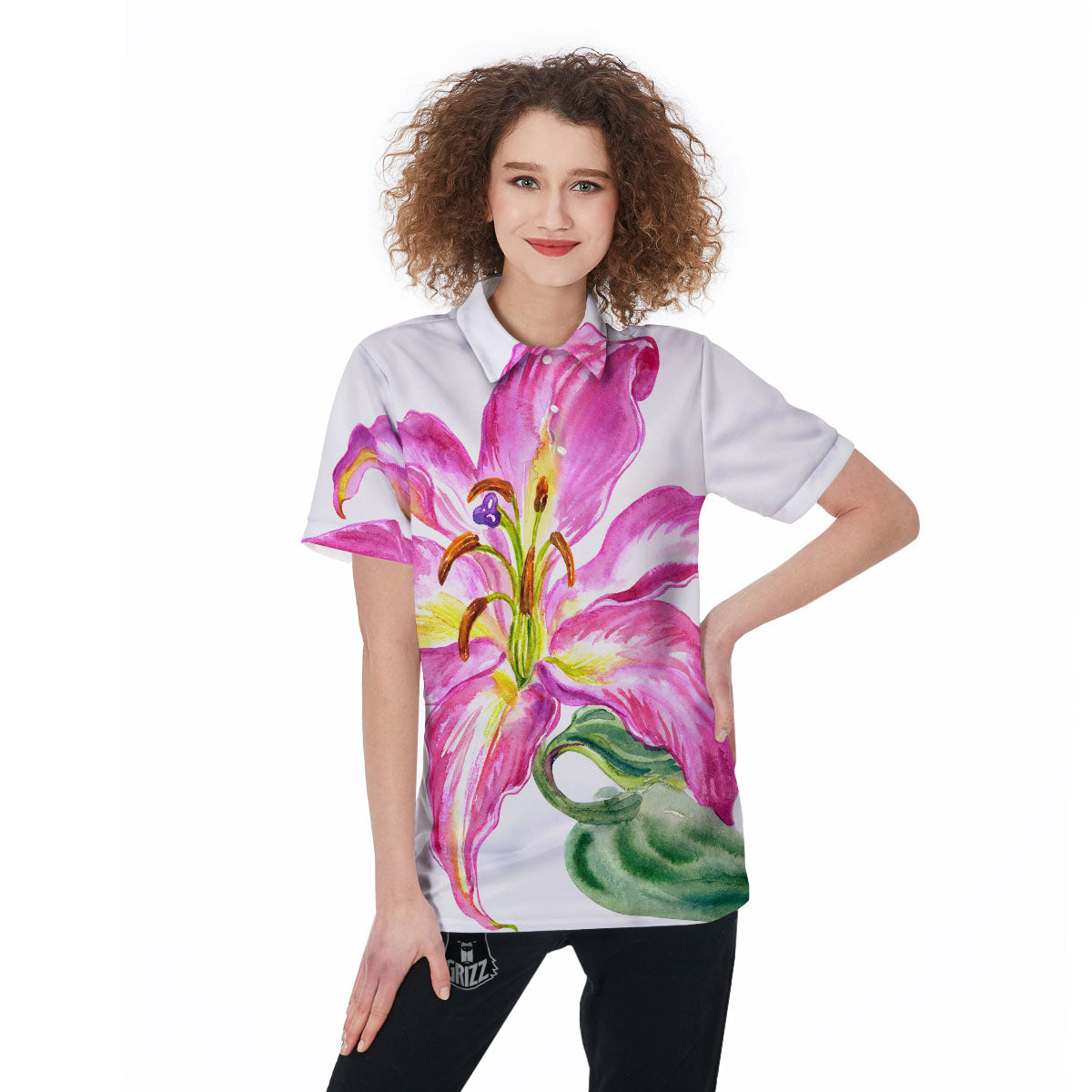 Lily Pink Watercolor Print Women's Golf Shirts-grizzshop