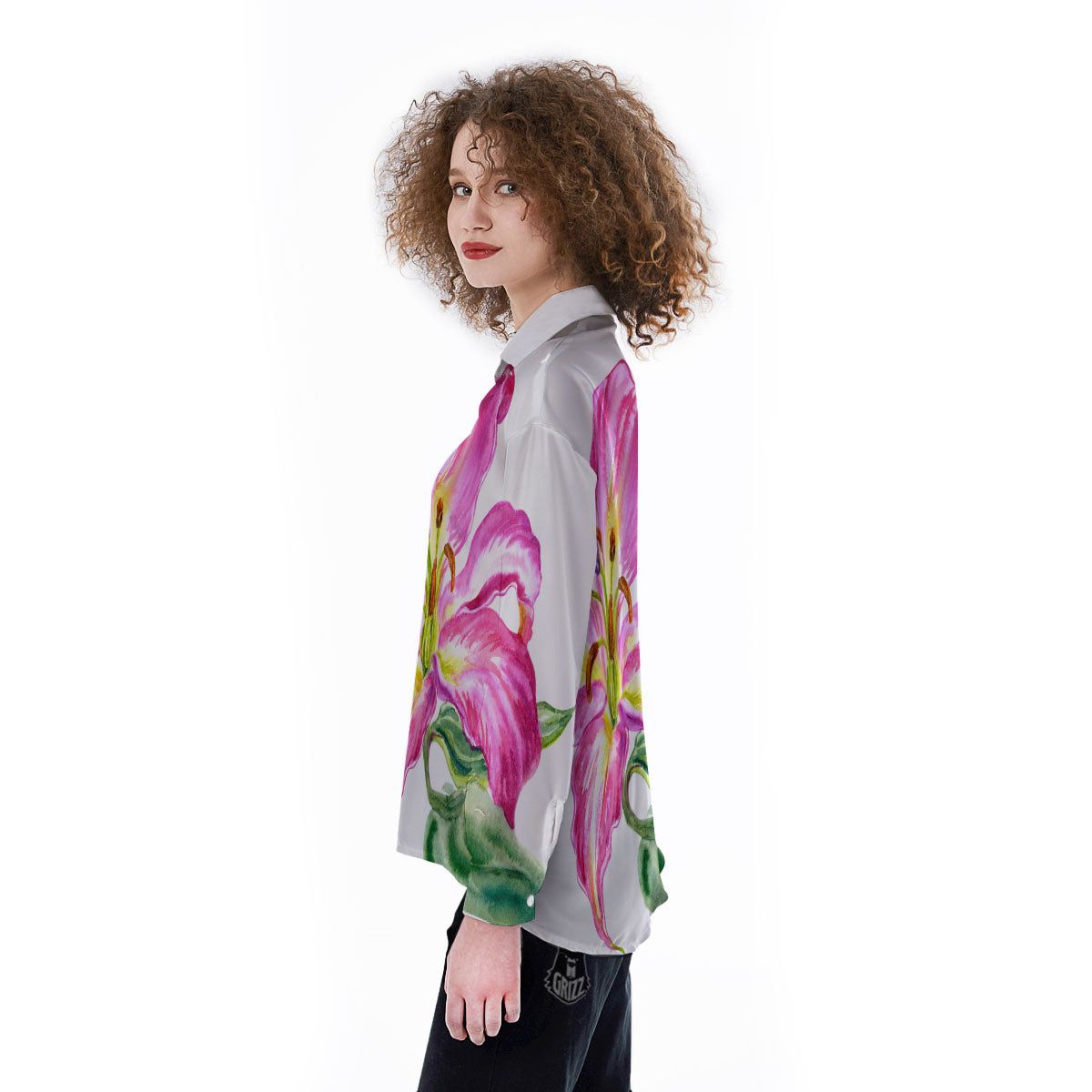 Lily Pink Watercolor Print Women's Long Sleeve Shirts-grizzshop