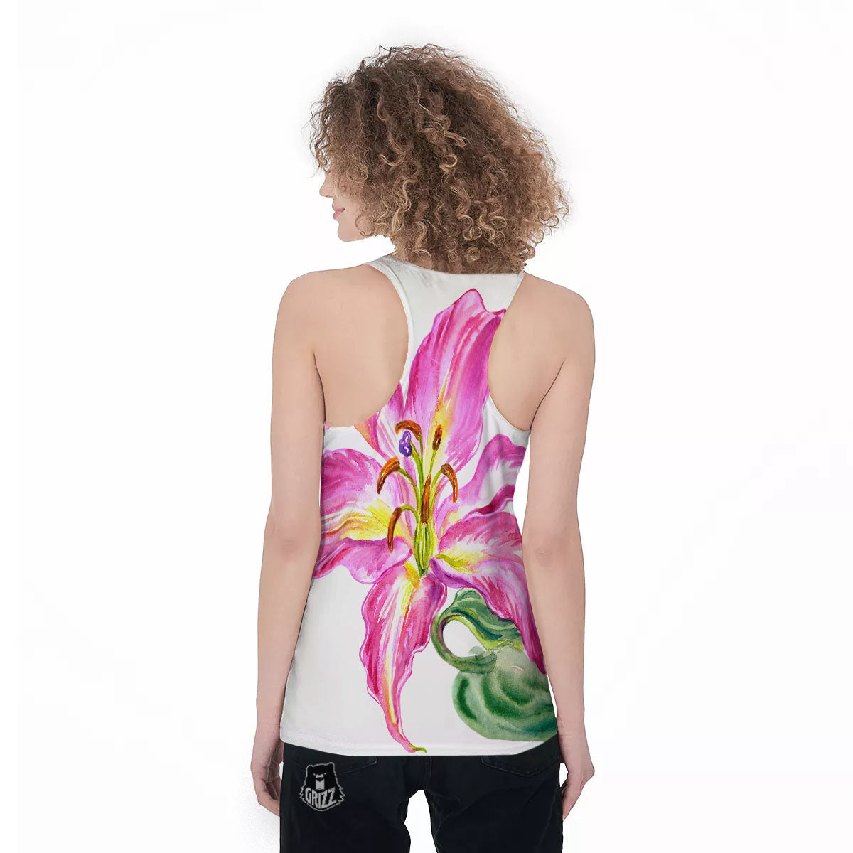 Lily Pink Watercolor Print Women's Racerback Tank Top-grizzshop