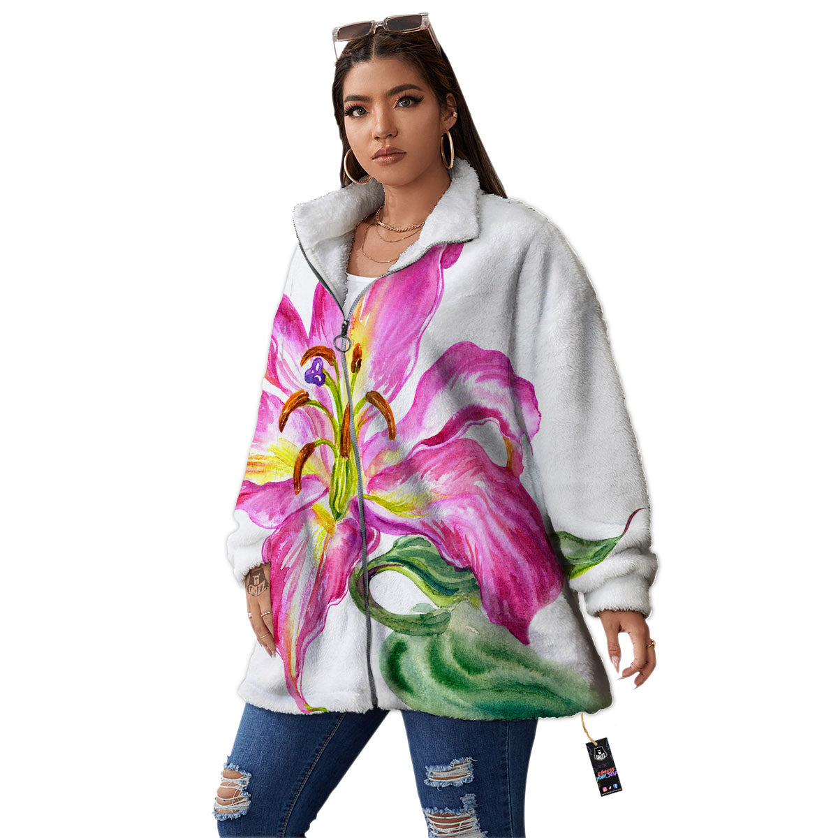 Lily Pink Watercolor Print Women's Sherpa Jacket-grizzshop
