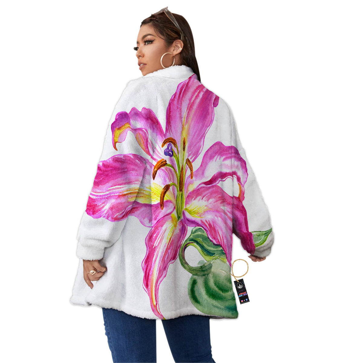 Lily Pink Watercolor Print Women's Sherpa Jacket-grizzshop