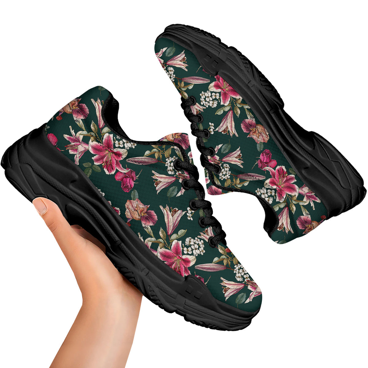 Lily Tropical Watercolor Print Pattern Black Chunky Shoes-grizzshop