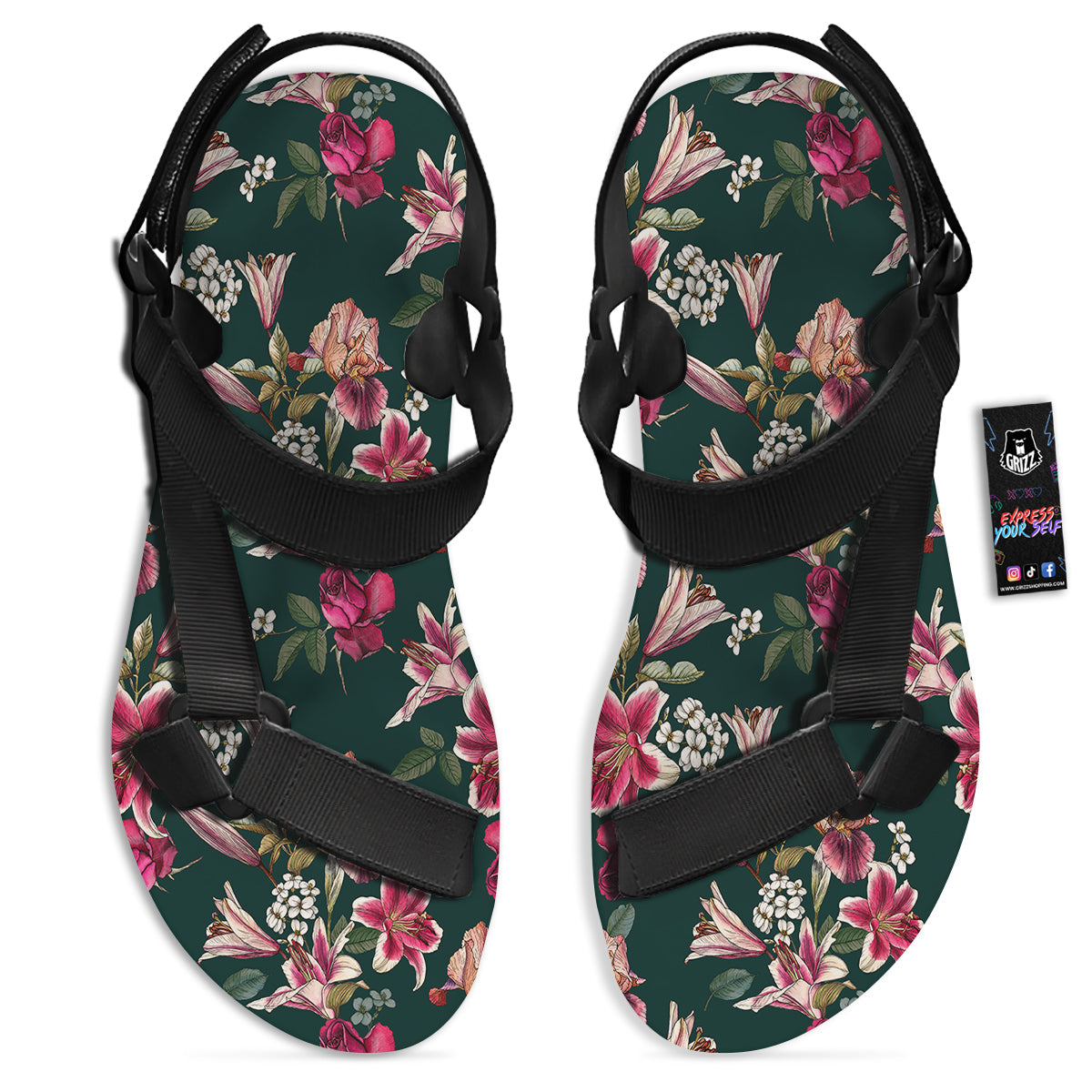 Lily Tropical Watercolor Print Pattern Black Open Toe Sandals-grizzshop