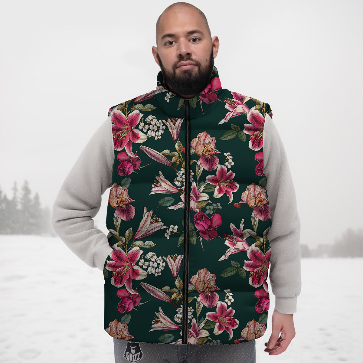 Lily Tropical Watercolor Print Pattern Down Vest-grizzshop