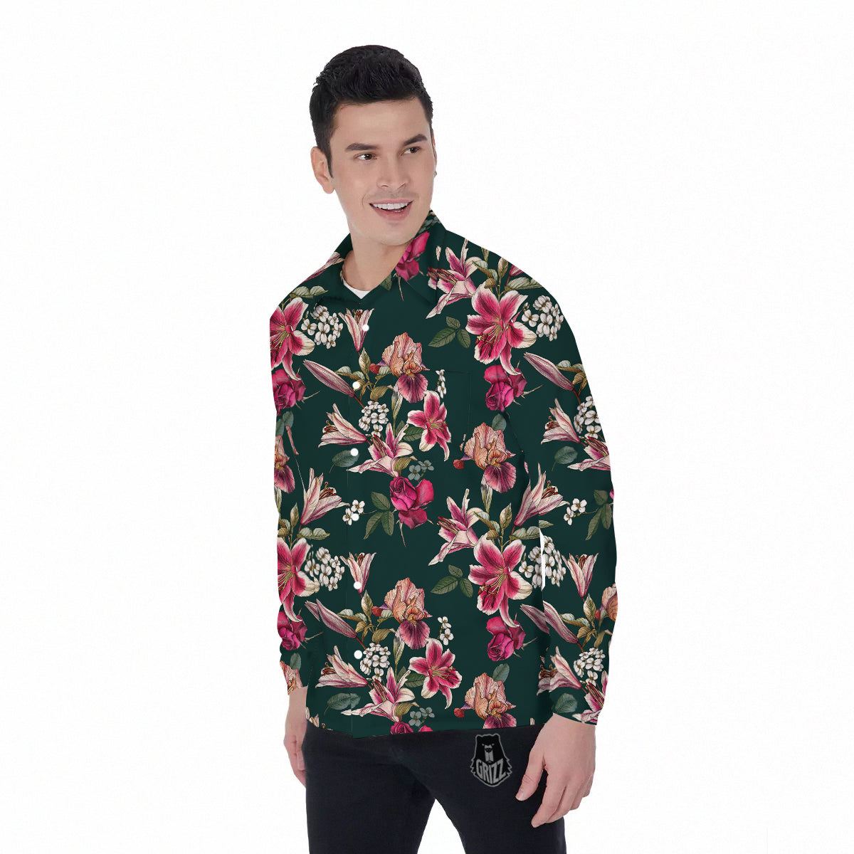 Lily Tropical Watercolor Print Pattern Men's Long Sleeve Shirts-grizzshop