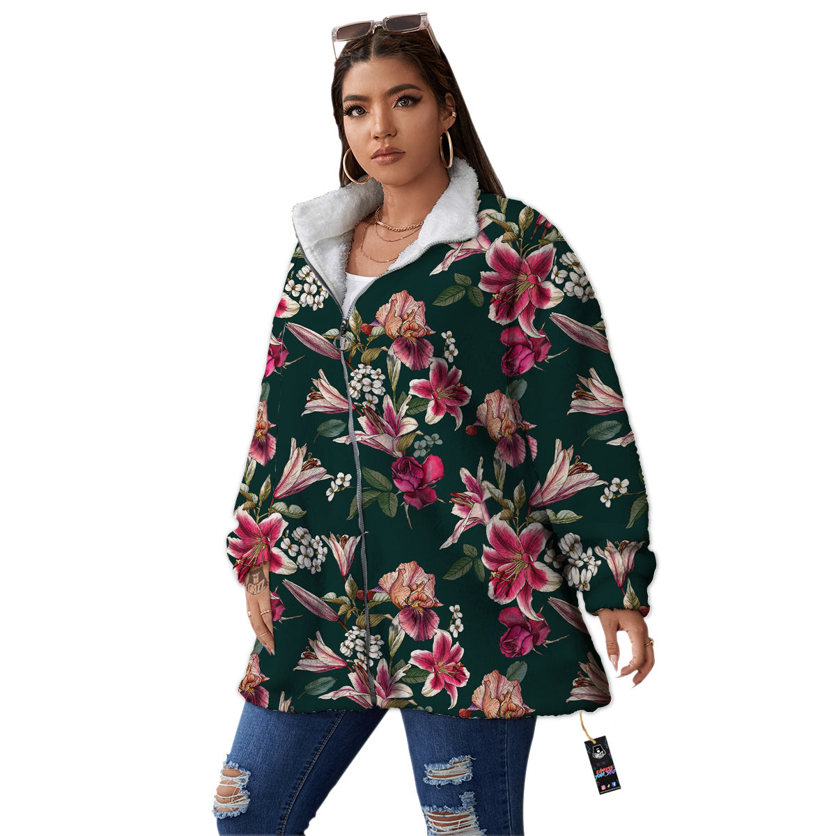 Lily Tropical Watercolor Print Pattern Women's Sherpa Jacket-grizzshop