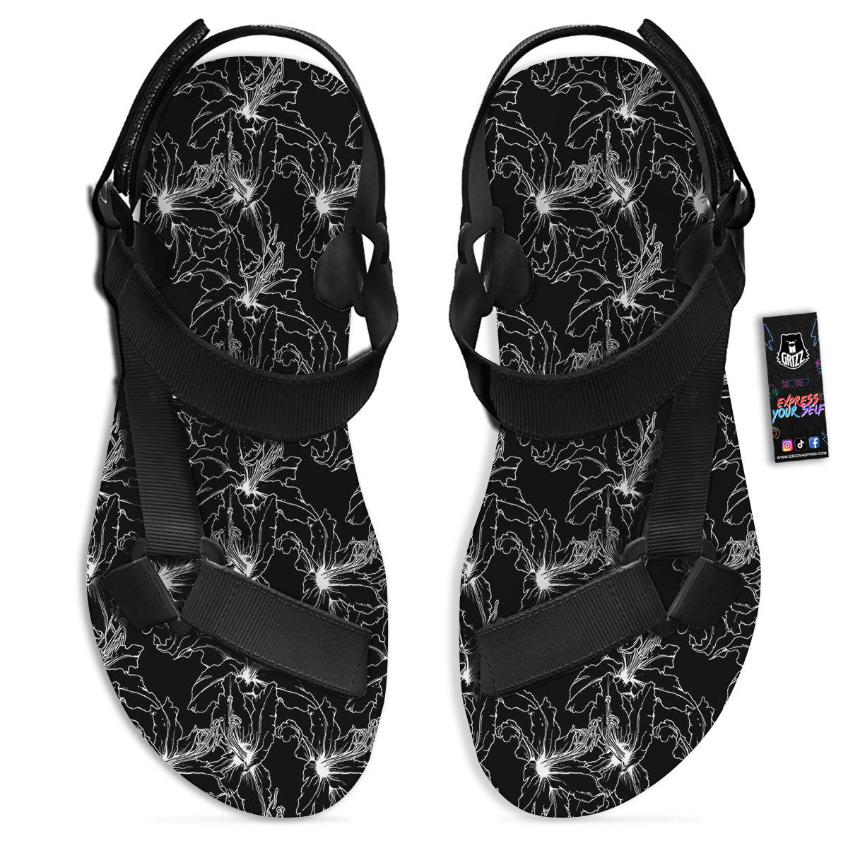 Lily White And Black Print Pattern Black Open Toe Sandals-grizzshop