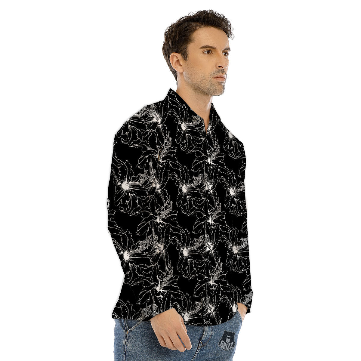 Lily White And Black Print Pattern Men's Dress Shirts-grizzshop