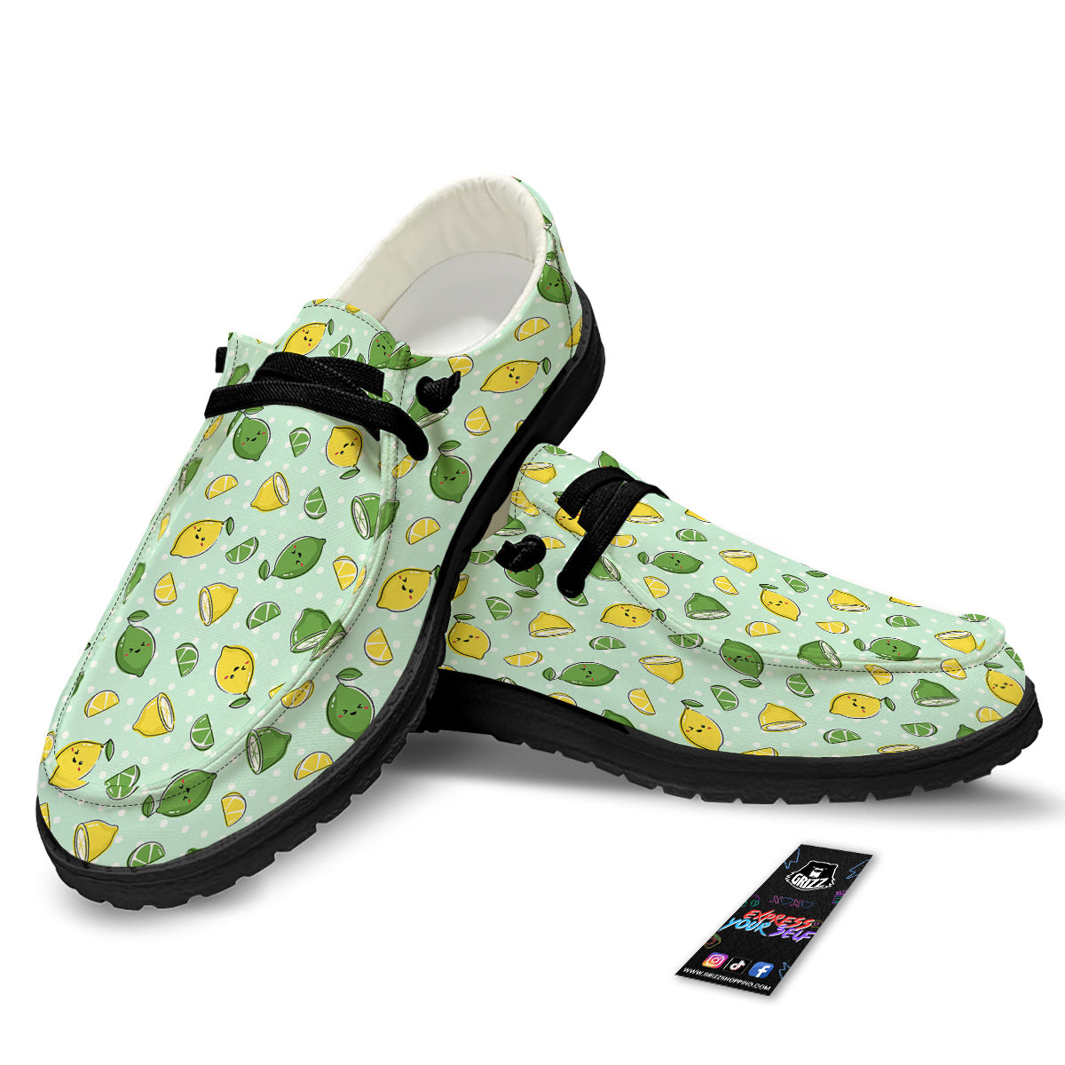 Lime Cute Print Pattern Black Loafers-grizzshop