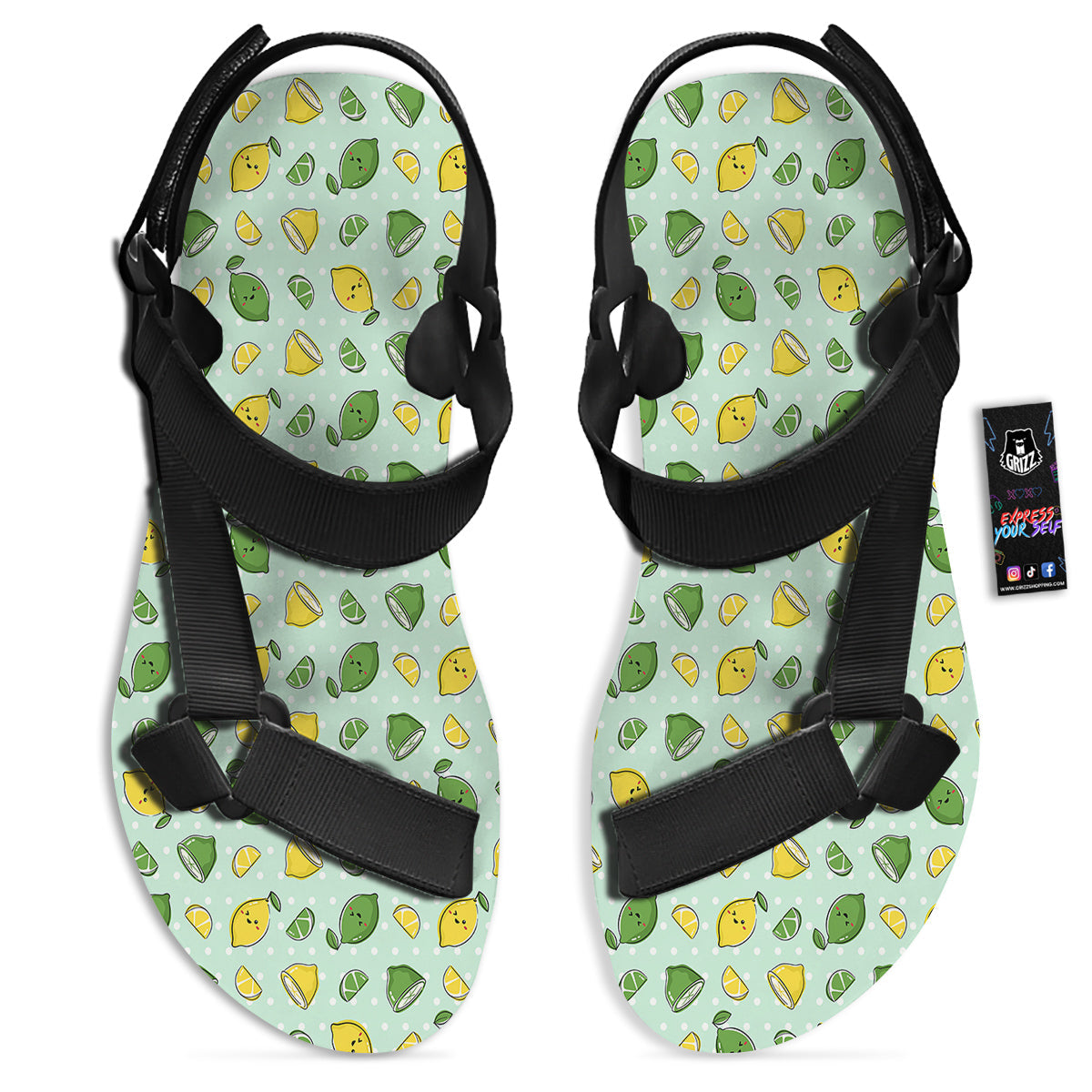 Lime Cute Print Pattern Black Open Toe Sandals-grizzshop