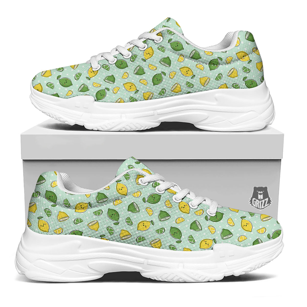 Lime Cute Print Pattern White Chunky Shoes-grizzshop