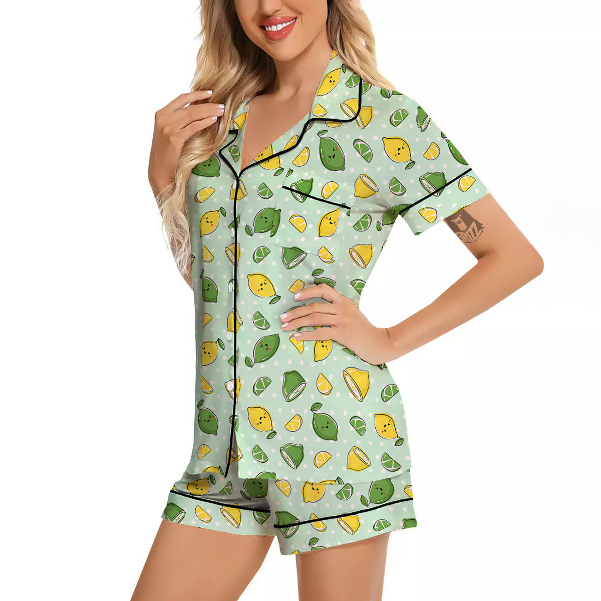 Lime Cute Print Pattern Women Silk Pajamas-grizzshop