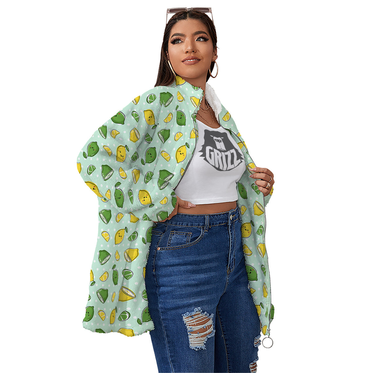 Lime Cute Print Pattern Women's Sherpa Jacket-grizzshop