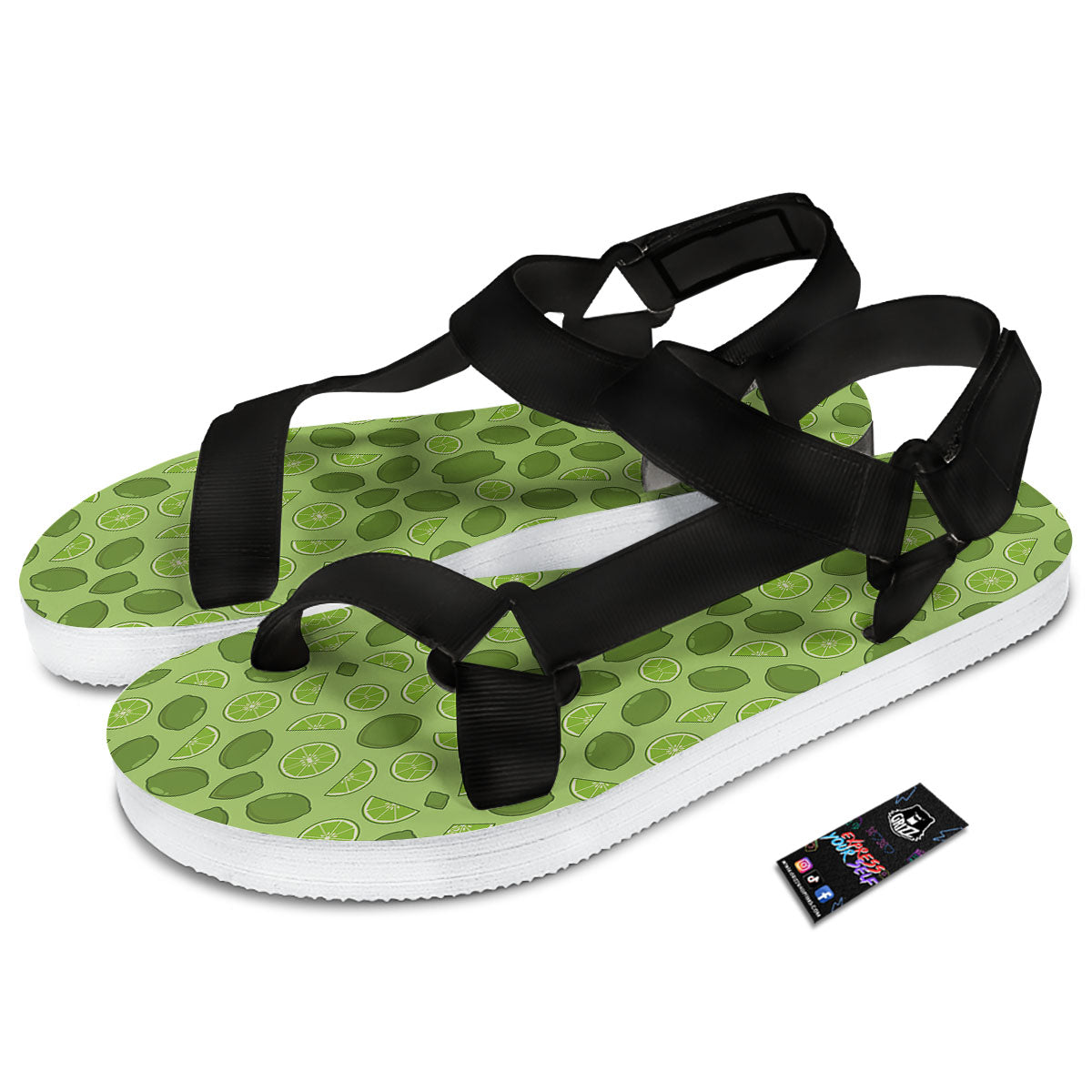 Lime Green Print Pattern Black Open Toe Sandals-grizzshop