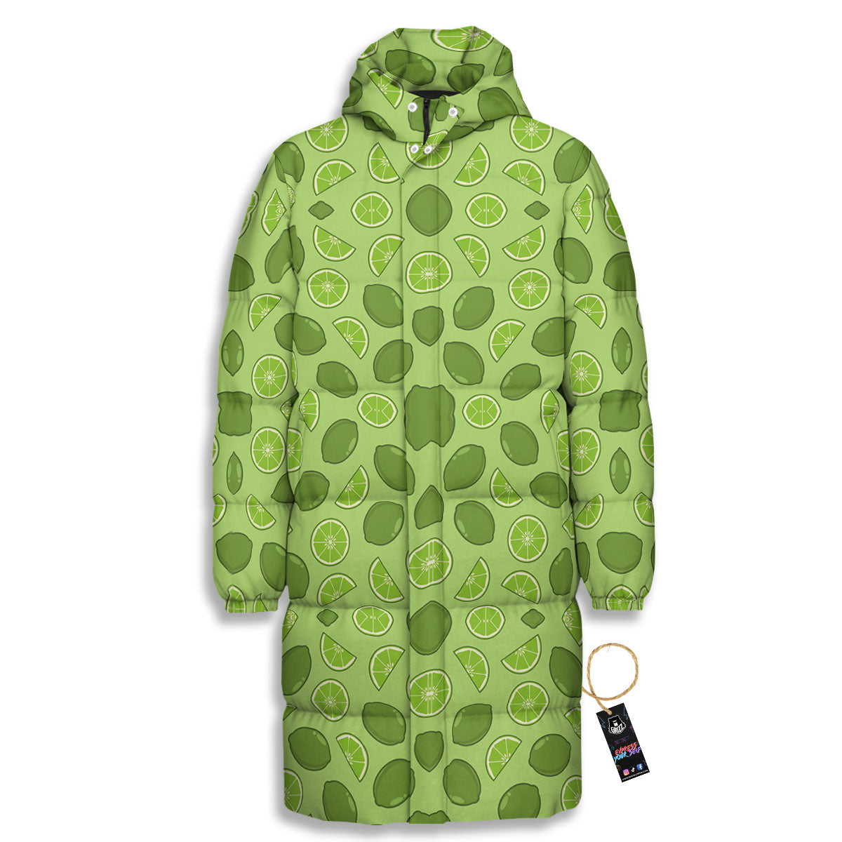 Lime Green Print Pattern Long Down Jacket-grizzshop