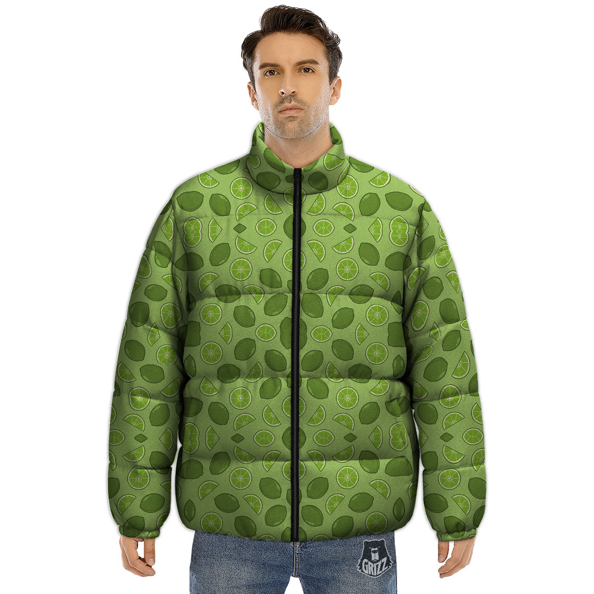 Lime Green Print Pattern Puffer Jacket-grizzshop