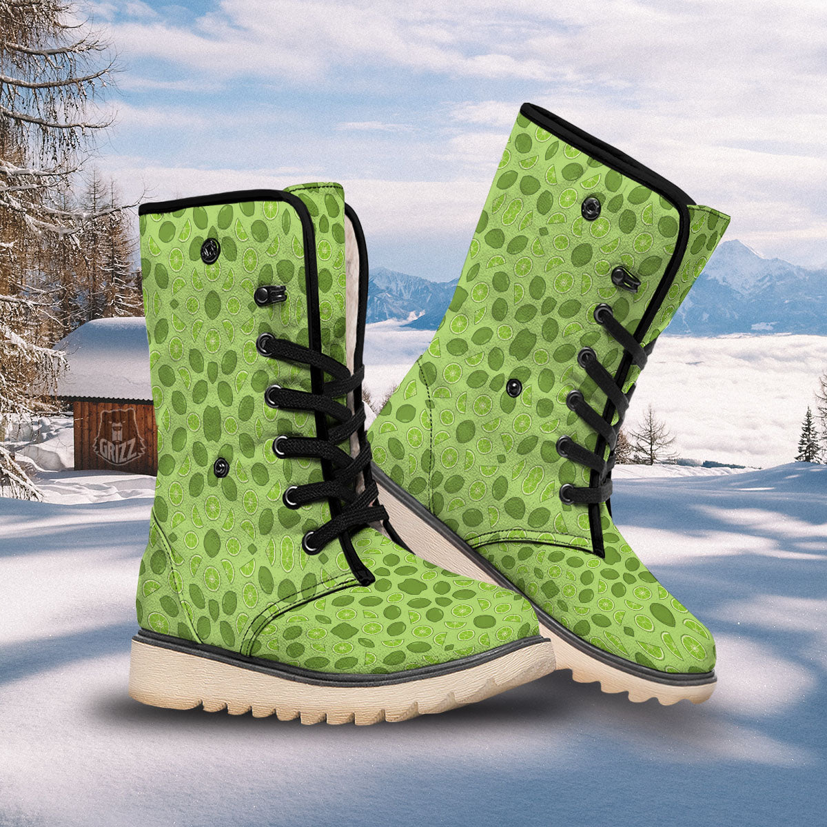 Lime Green Print Pattern Snow Boots-grizzshop