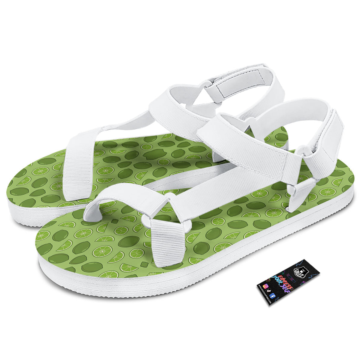 Lime Green Print Pattern White Open Toe Sandals-grizzshop