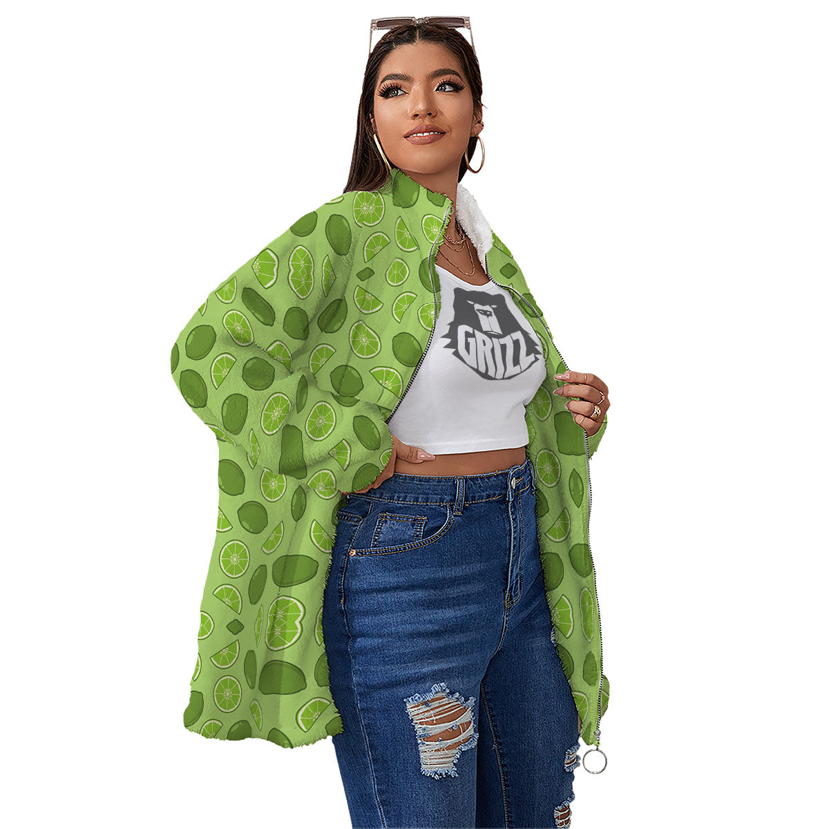 Lime Green Print Pattern Women's Sherpa Jacket-grizzshop