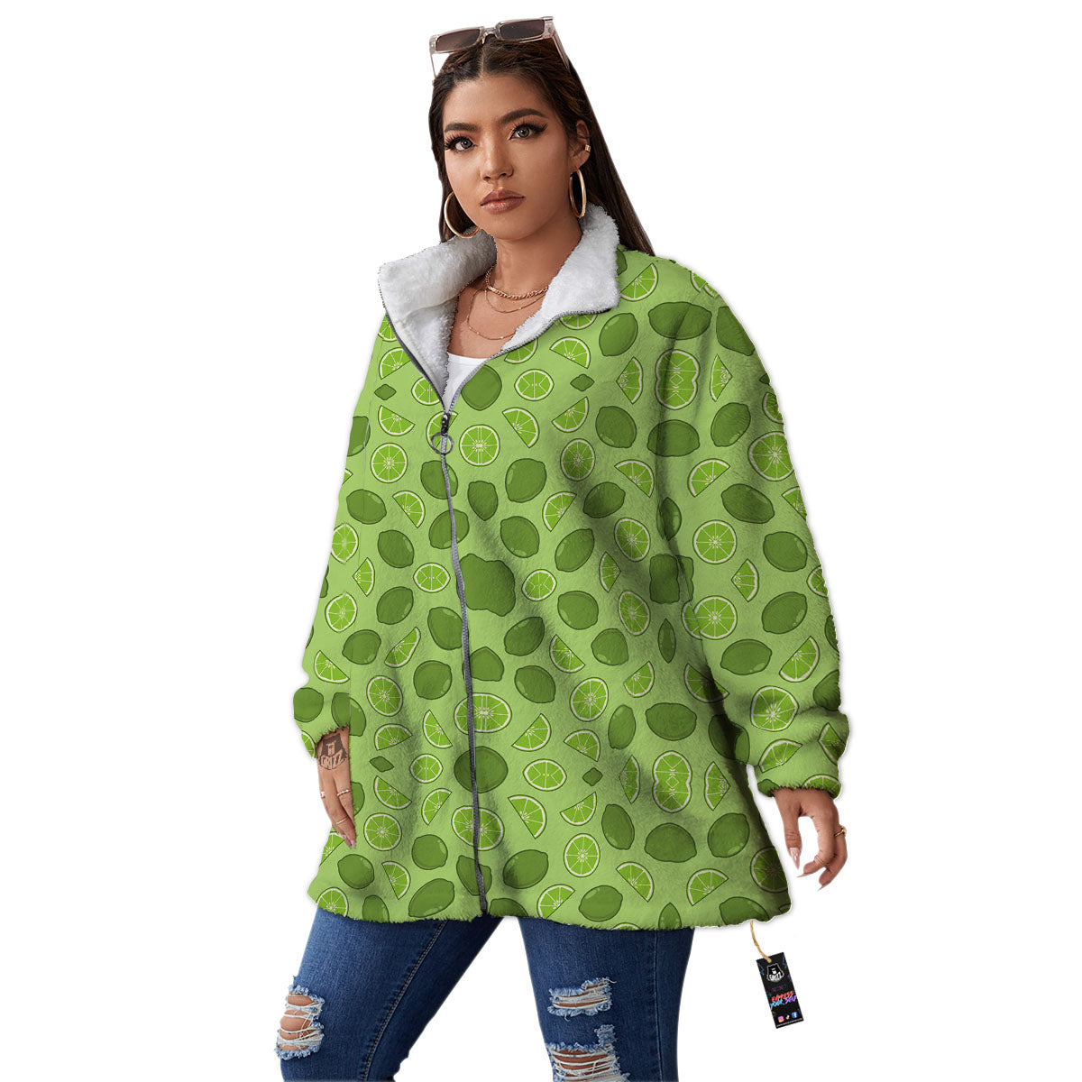 Lime Green Print Pattern Women's Sherpa Jacket-grizzshop