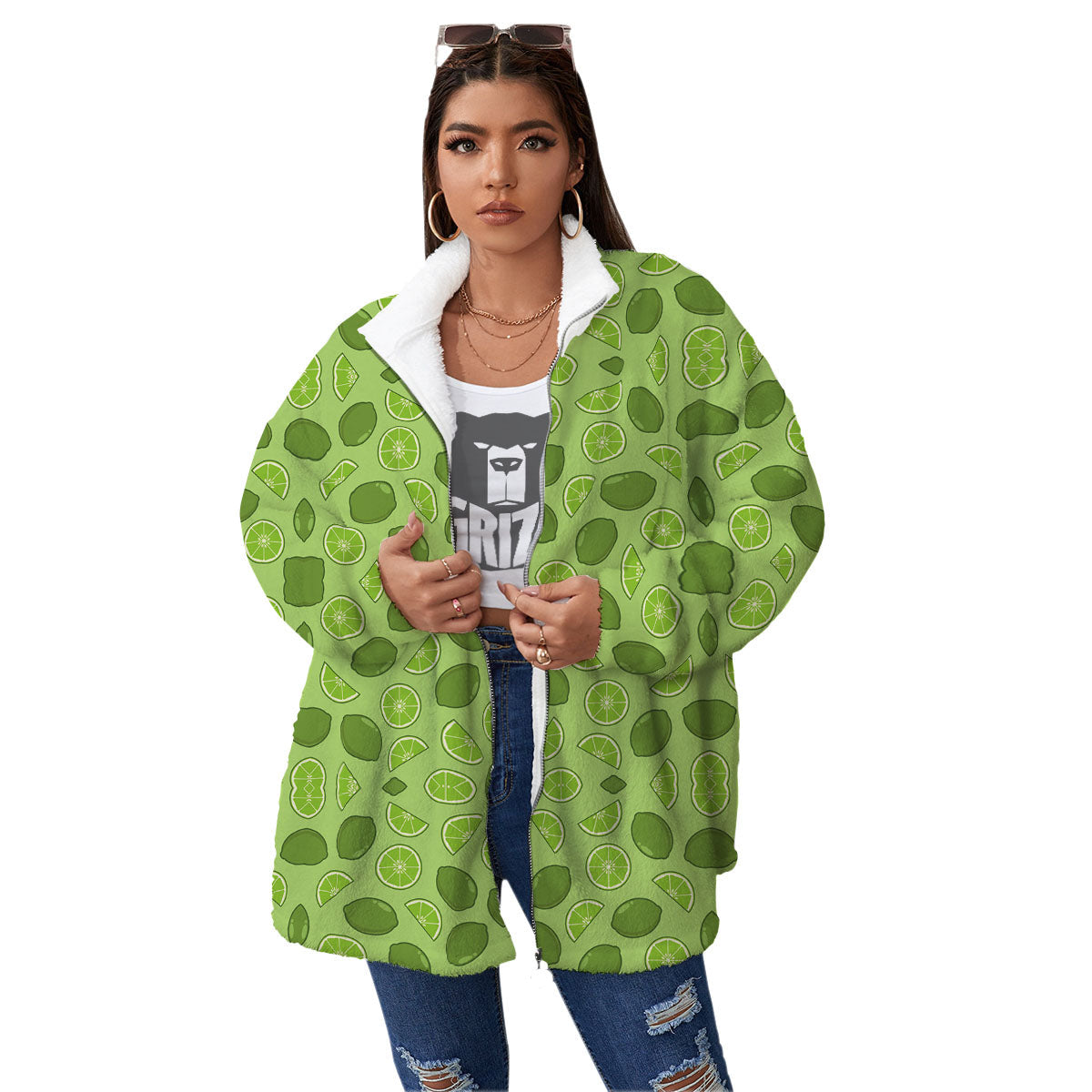 Lime Green Print Pattern Women's Sherpa Jacket-grizzshop