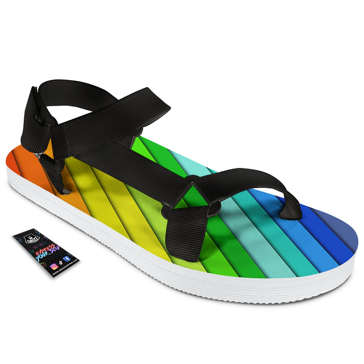 Lines Rainbow Diagonal Print Pattern Black Open Toe Sandals-grizzshop