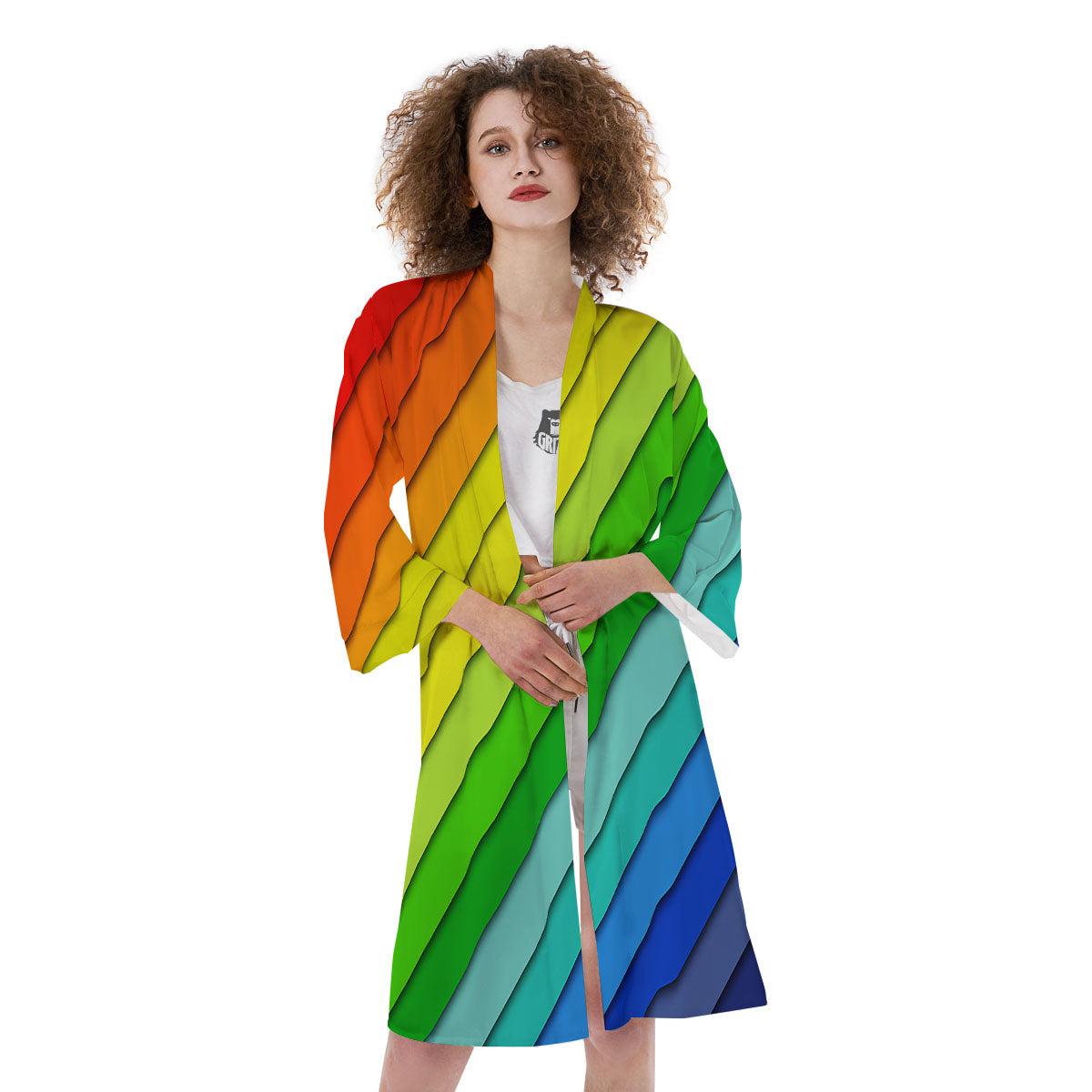 Lines Rainbow Diagonal Print Pattern Kimono-grizzshop