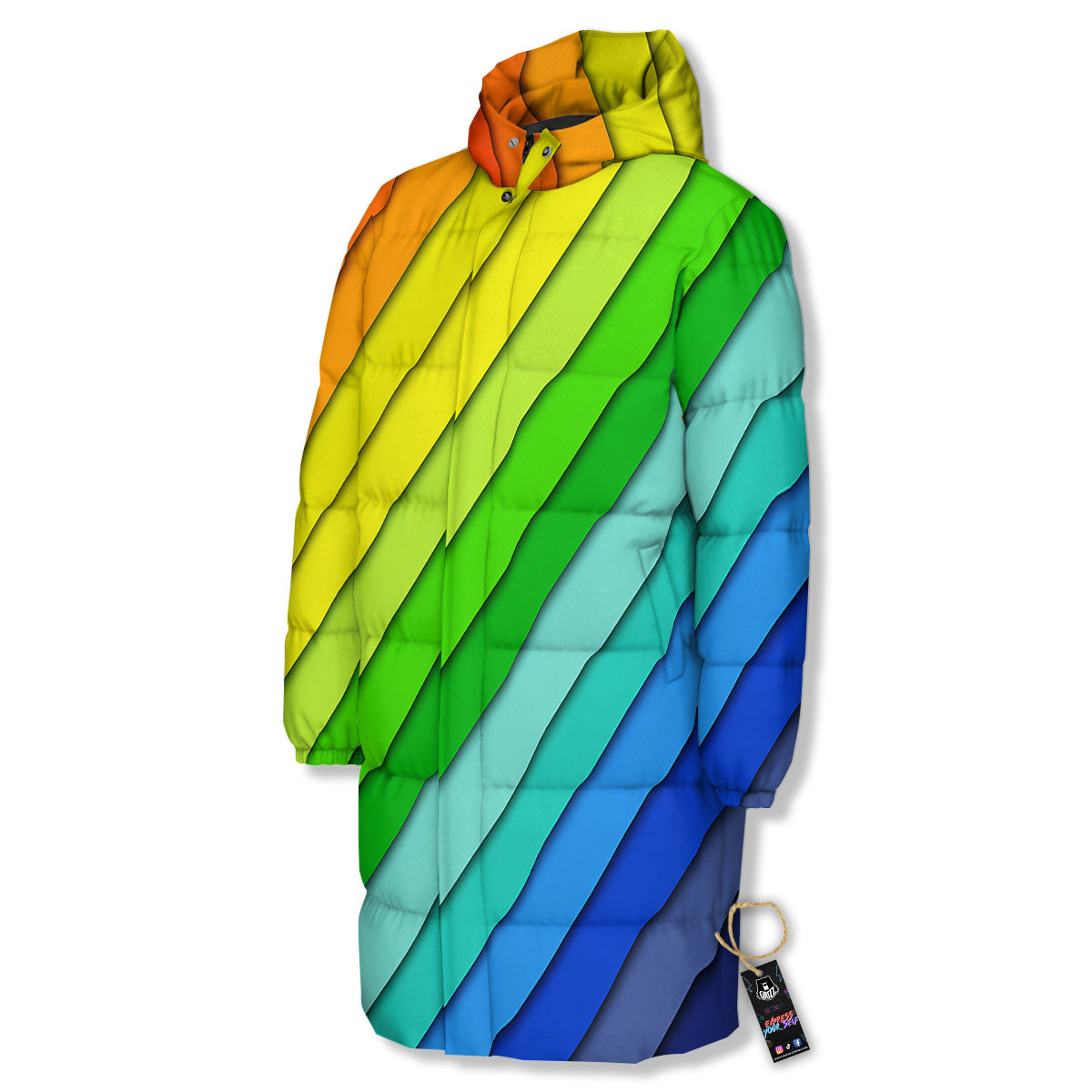 Lines Rainbow Diagonal Print Pattern Long Down Jacket-grizzshop