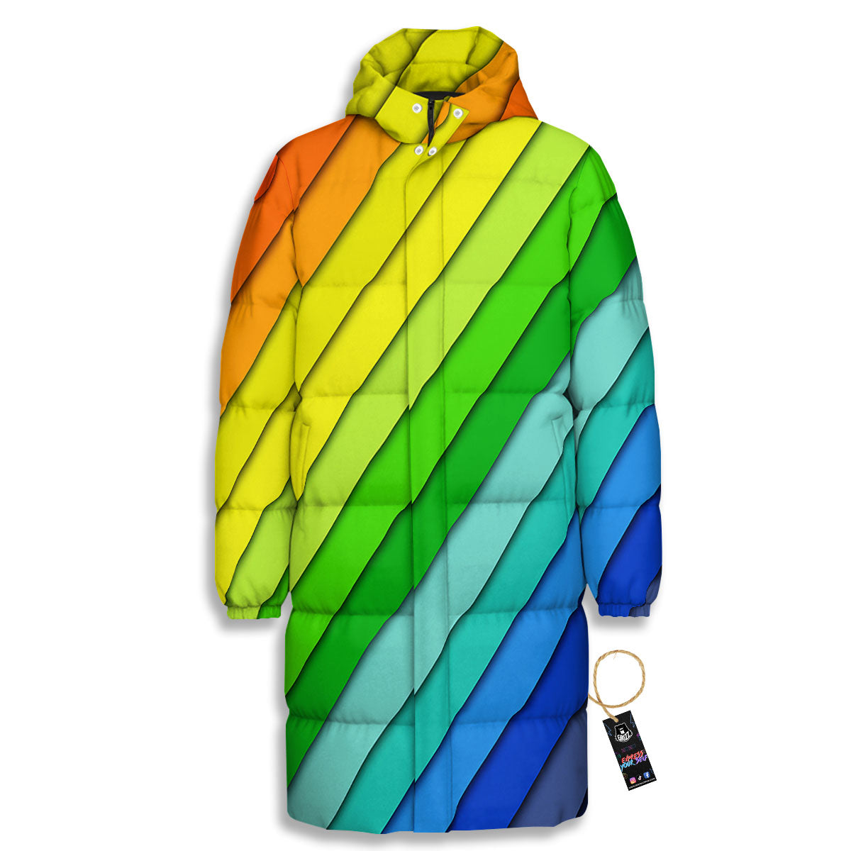 Lines Rainbow Diagonal Print Pattern Long Down Jacket-grizzshop