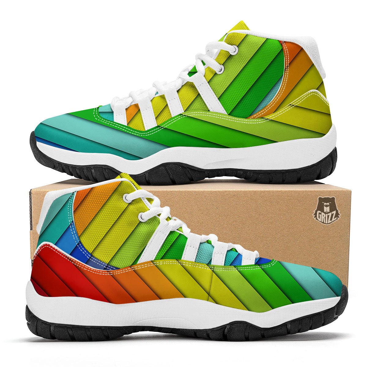 Lines Rainbow Diagonal Print Pattern White Bball Shoes-grizzshop