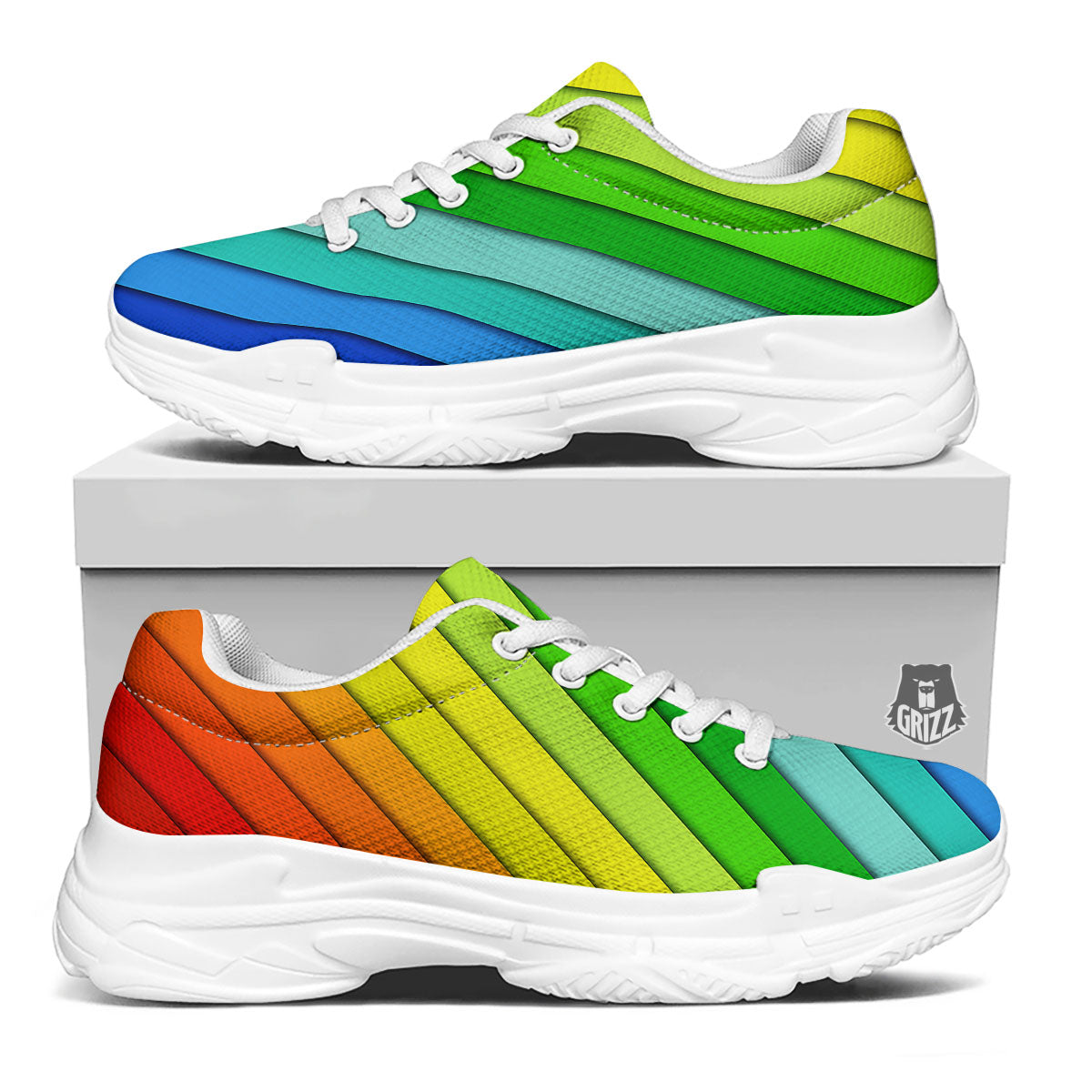 Lines Rainbow Diagonal Print Pattern White Chunky Shoes-grizzshop