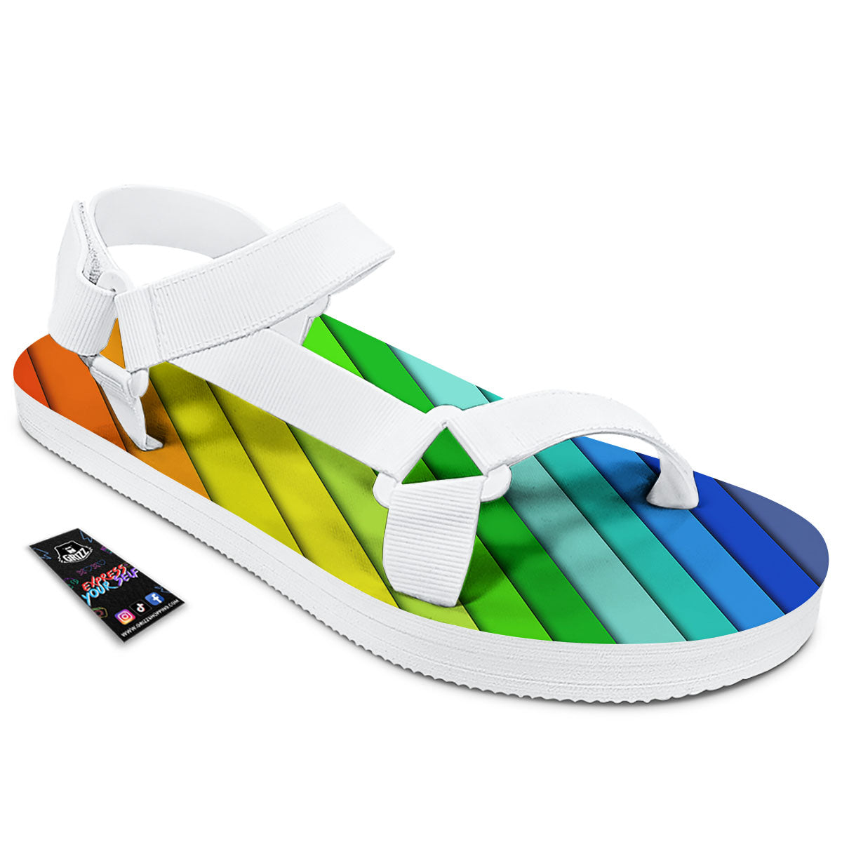 Lines Rainbow Diagonal Print Pattern White Open Toe Sandals-grizzshop
