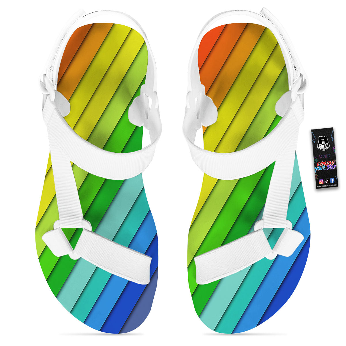 Lines Rainbow Diagonal Print Pattern White Open Toe Sandals-grizzshop