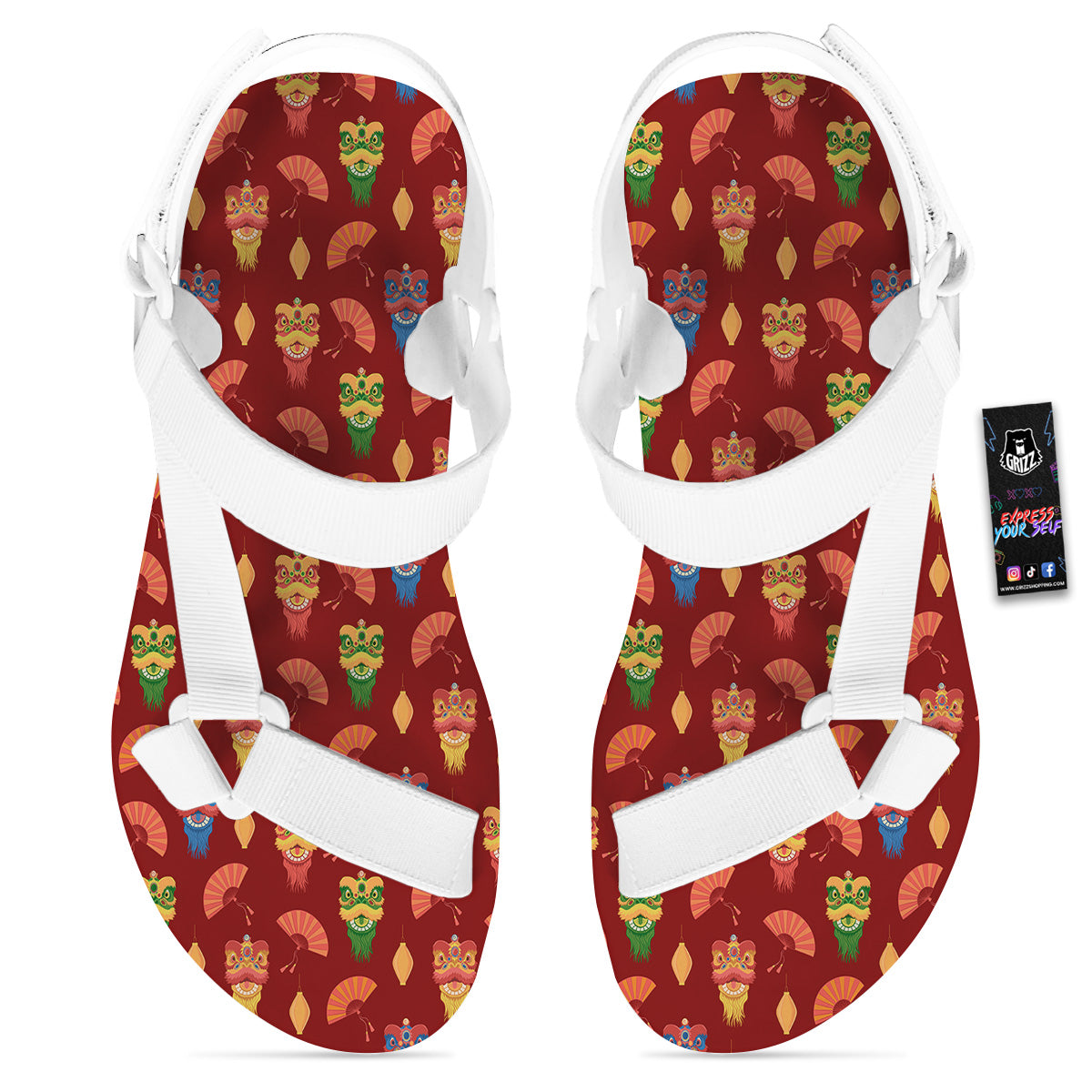 Lion Dance Chinese New Years Print Pattern White Open Toe Sandals-grizzshop