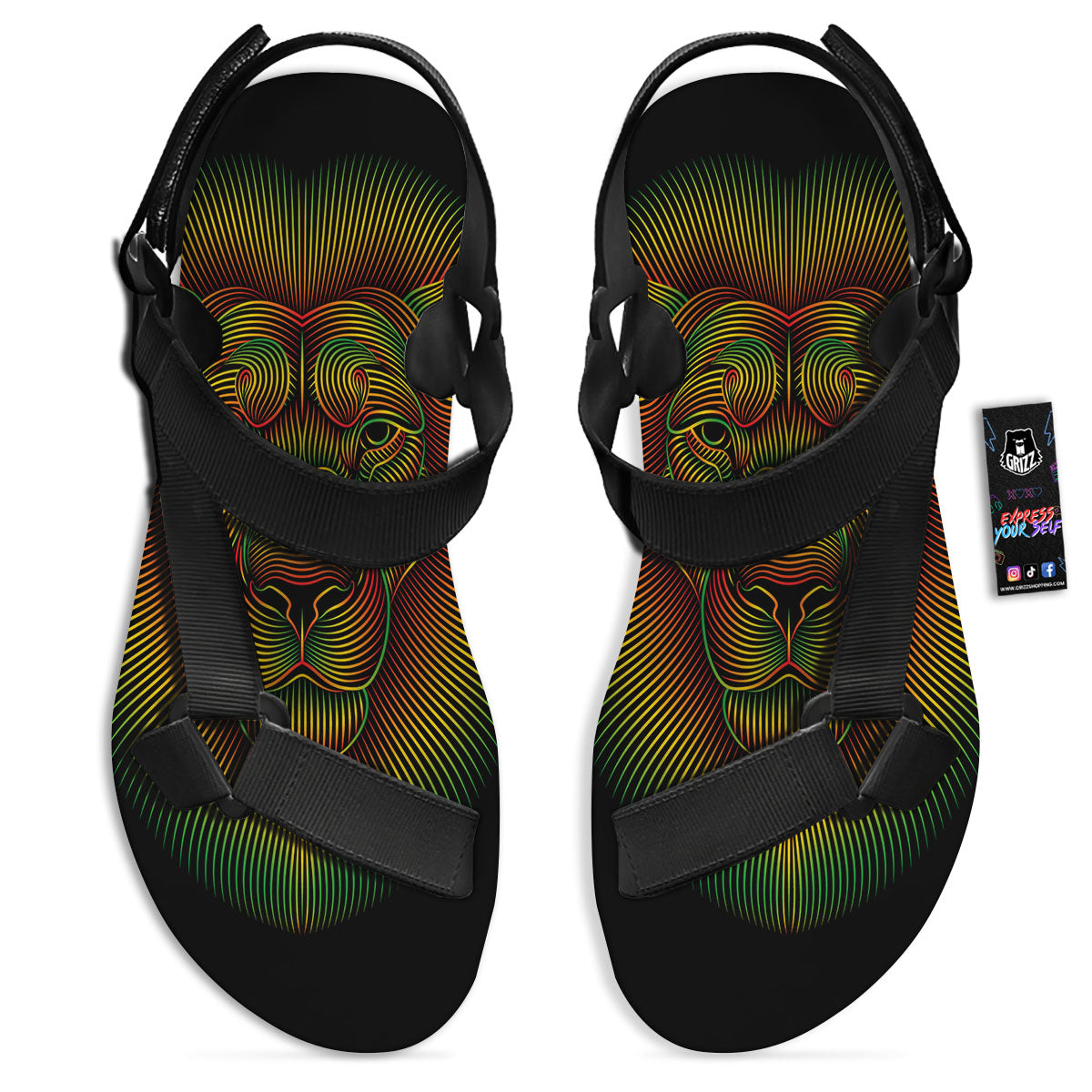 Lion Rasta Print Black Open Toe Sandals-grizzshop