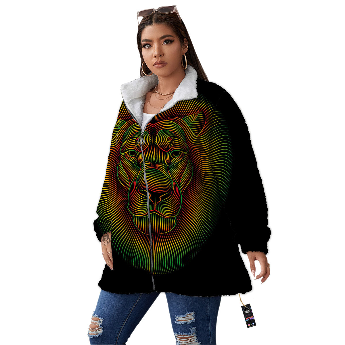 Lion Rasta Print Women's Sherpa Jacket-grizzshop