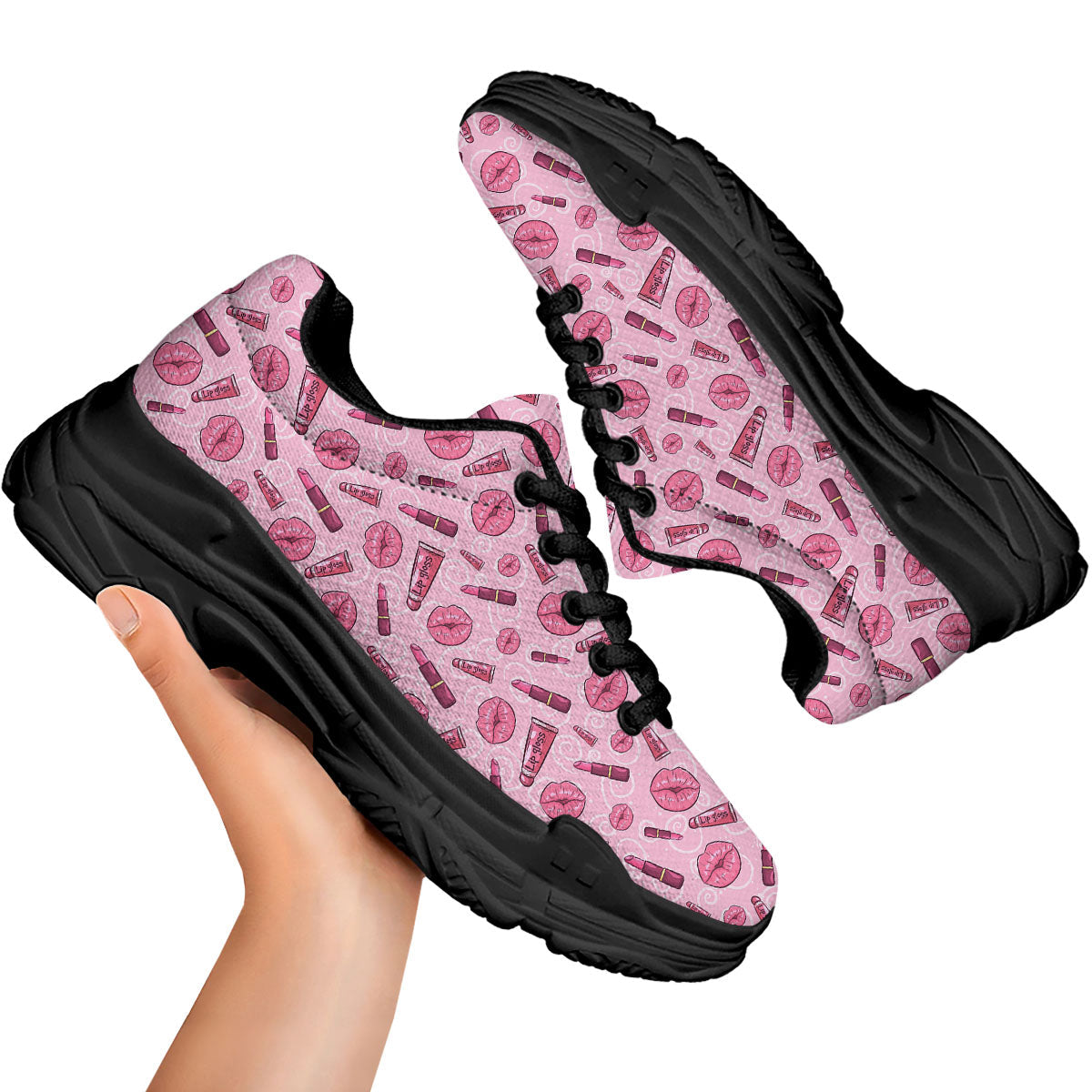 Lips Funky Kiss Print Pattern Black Chunky Shoes-grizzshop
