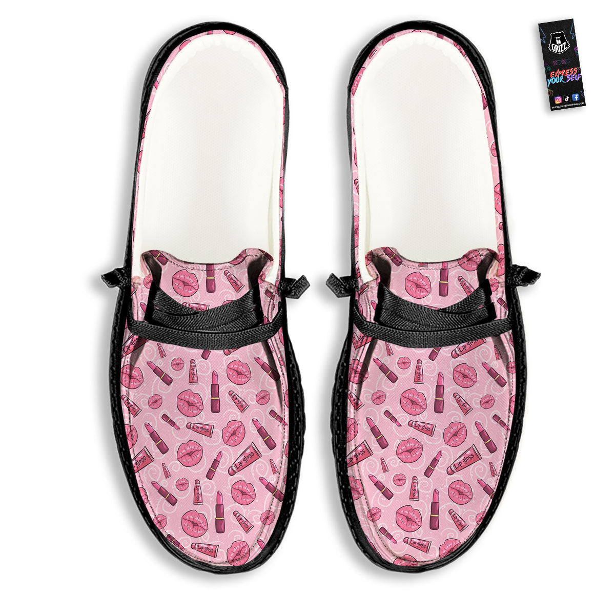 Lips Funky Kiss Print Pattern Black Loafers-grizzshop