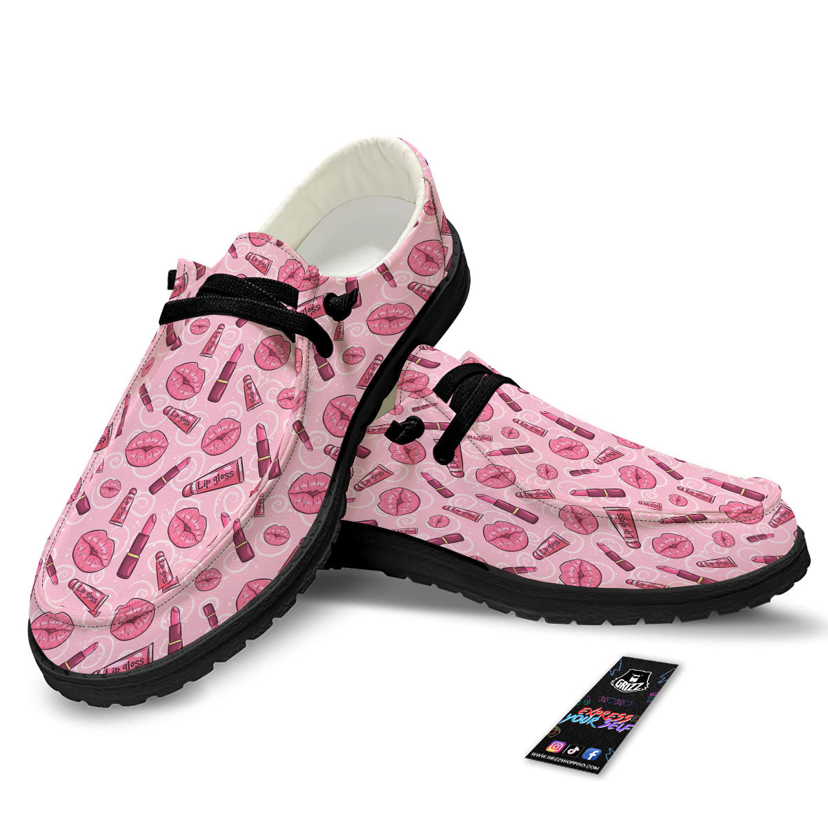 Lips Funky Kiss Print Pattern Black Loafers-grizzshop