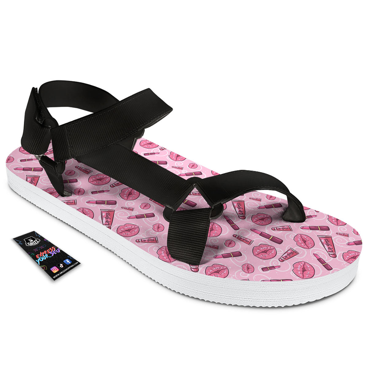 Lips Funky Kiss Print Pattern Black Open Toe Sandals-grizzshop